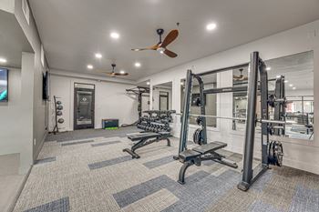 Fitness center with weight equipment and ceiling fans